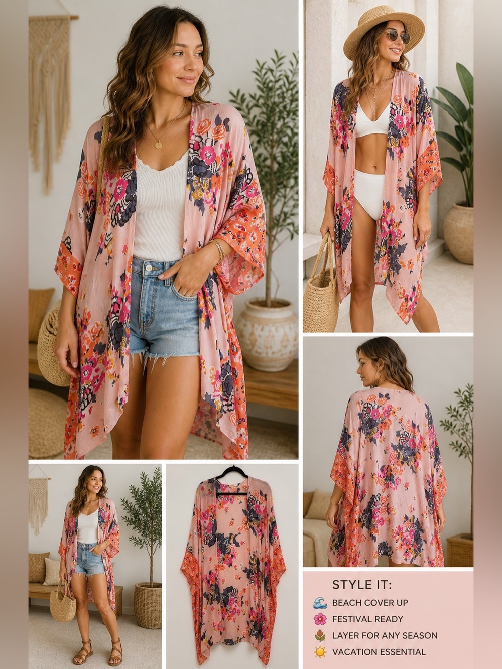 Moss Rose Floral Kimono Cardigan Boho Open Front Lightweight Cover Up OS